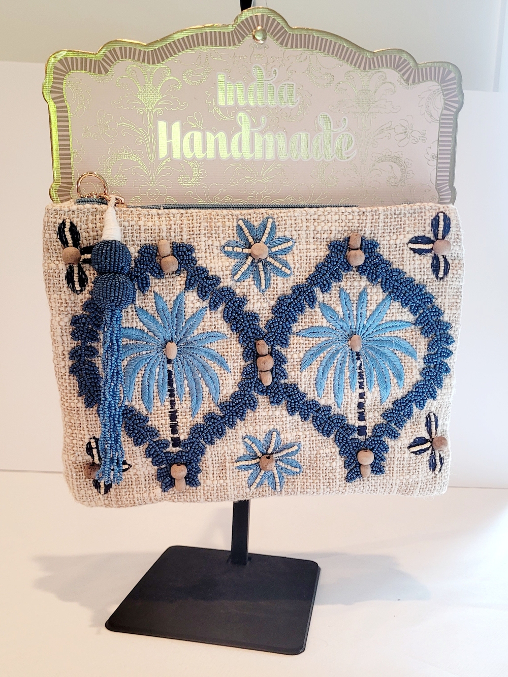 India Handmade Beaded Palm Clutch Bag in Blue and Cream